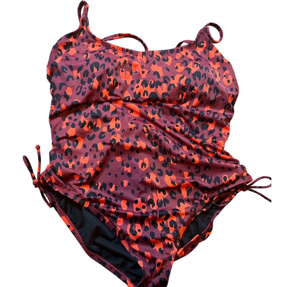 Beach Betty One‎ Piece Swimsuit Women XL Burgundy Red Leopard Print Modest Swim